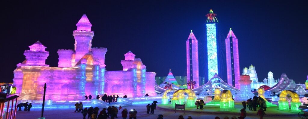 Ice sculptures lit up at night
